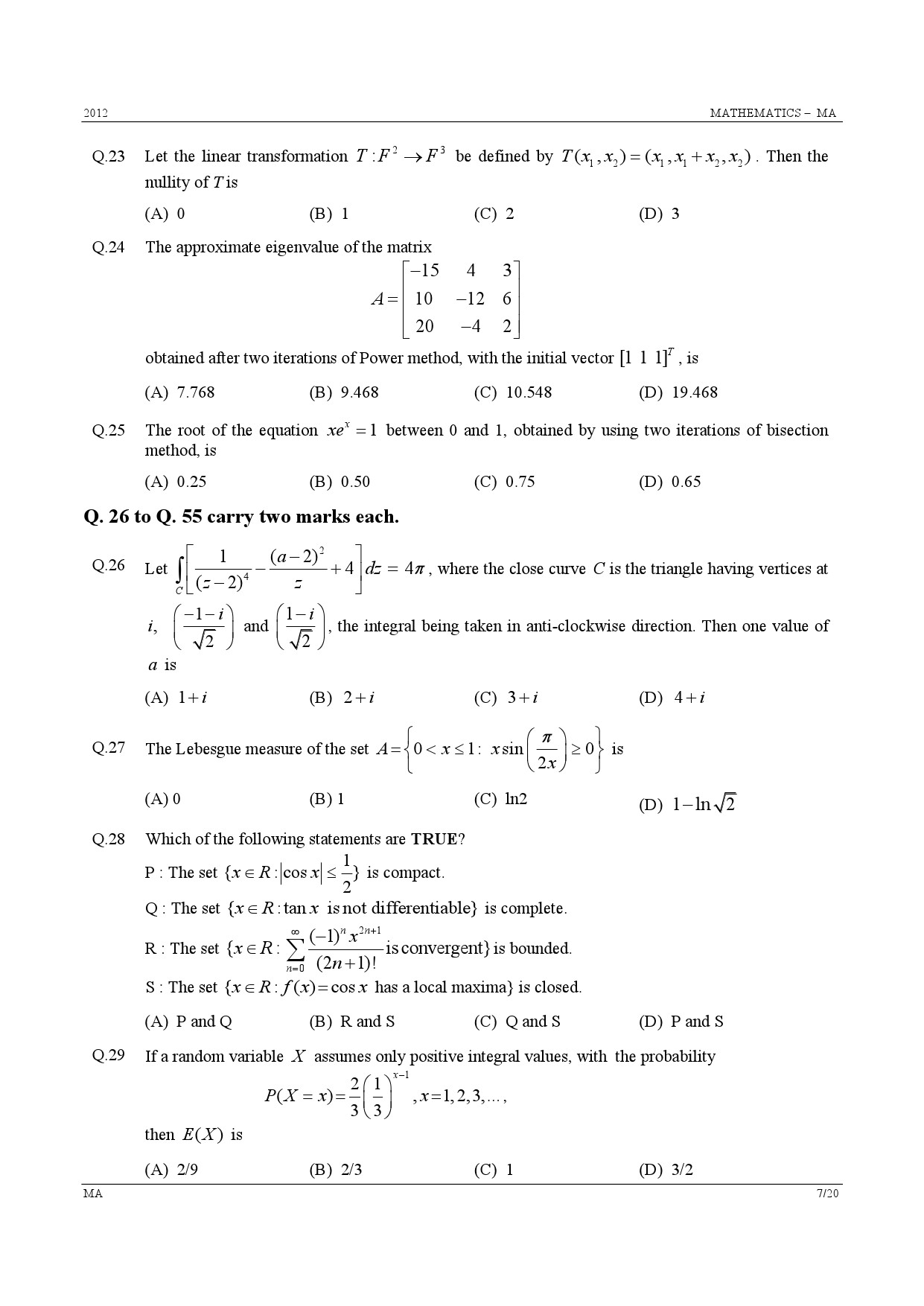 GATE Exam Question Paper 2012 Mathematics 7