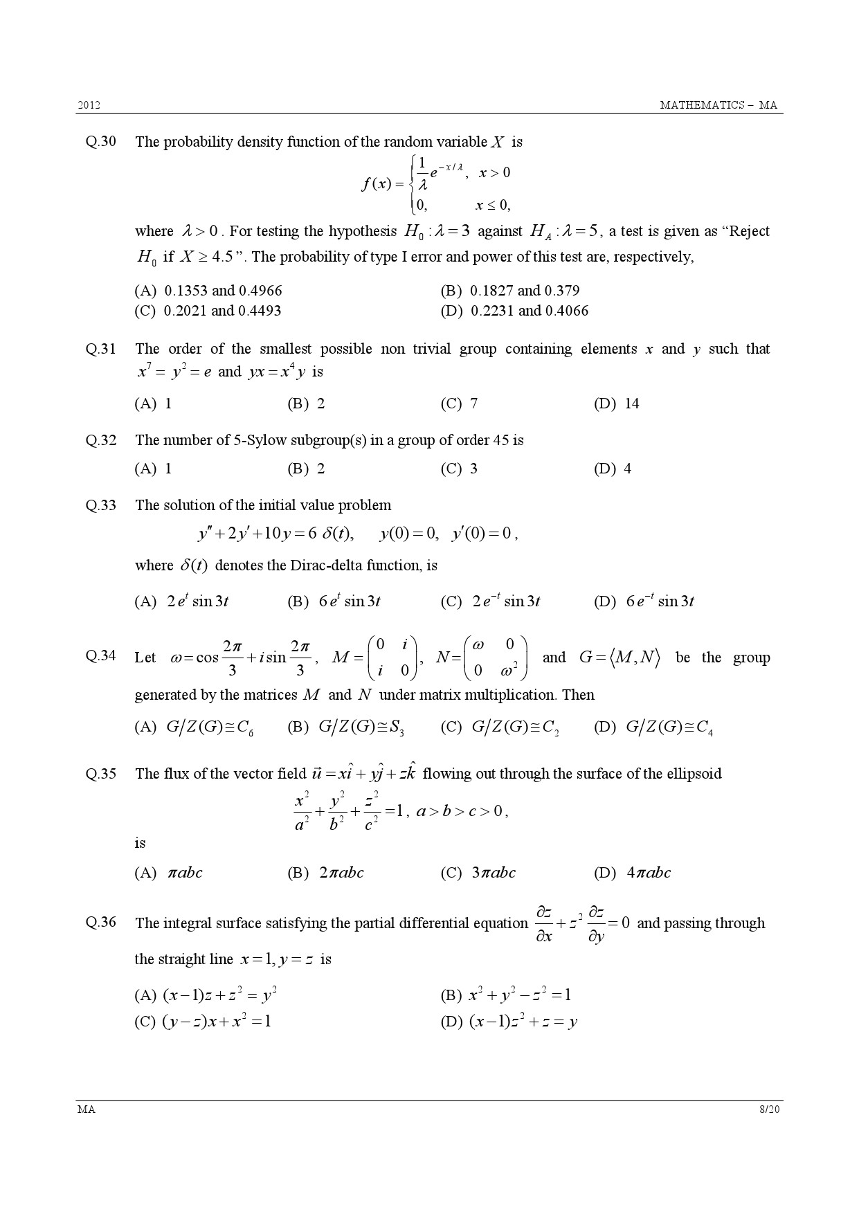 GATE Exam Question Paper 2012 Mathematics 8