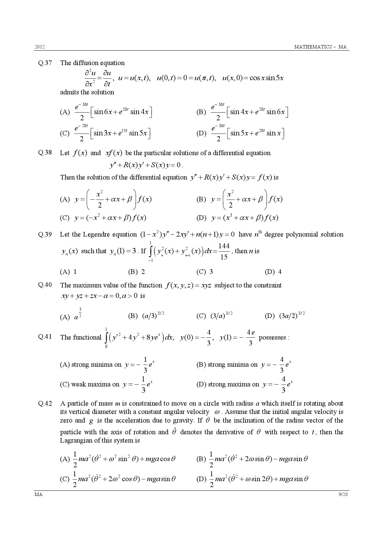 GATE Exam Question Paper 2012 Mathematics 9