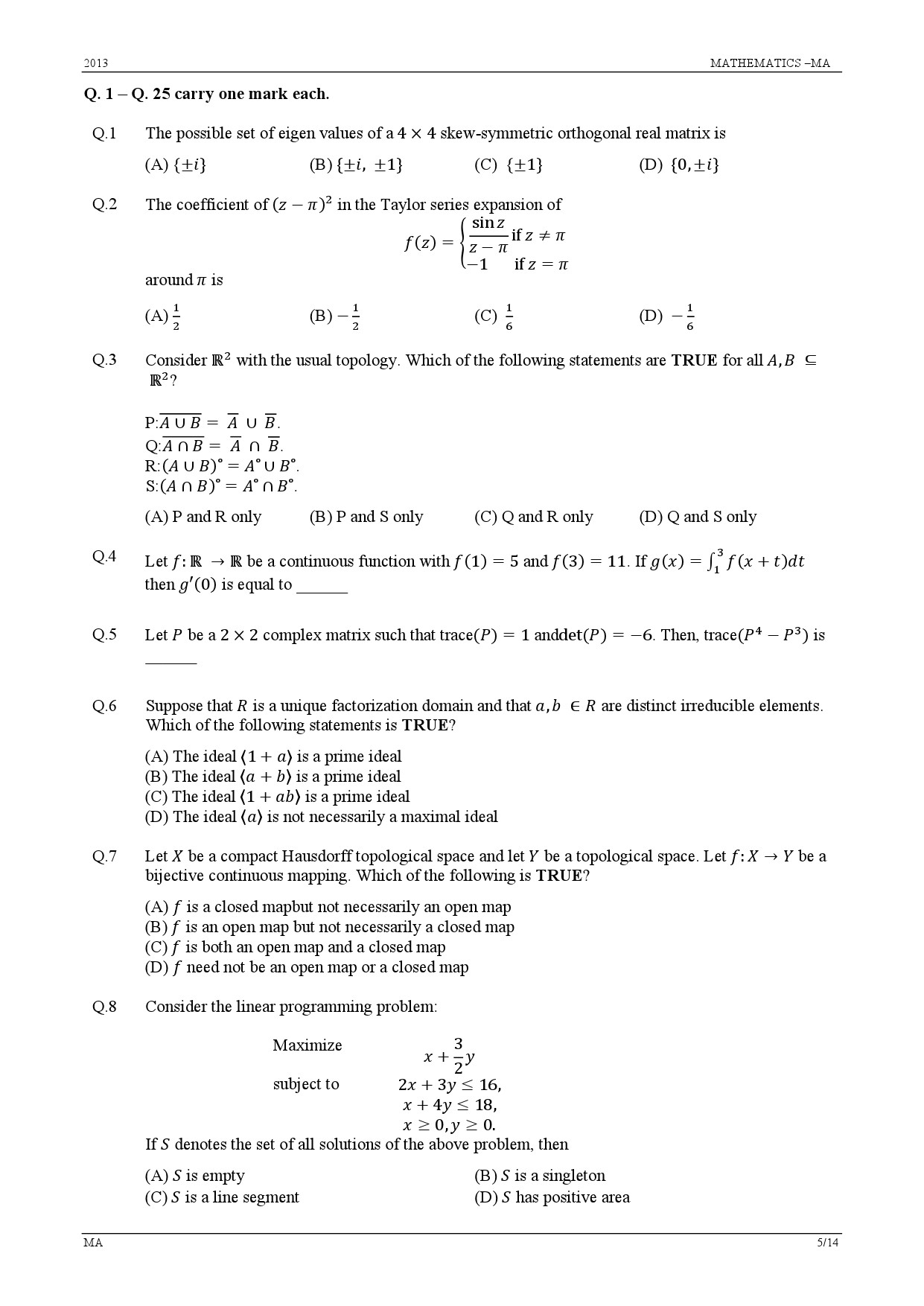 GATE Exam Question Paper 2013 Mathematics 5