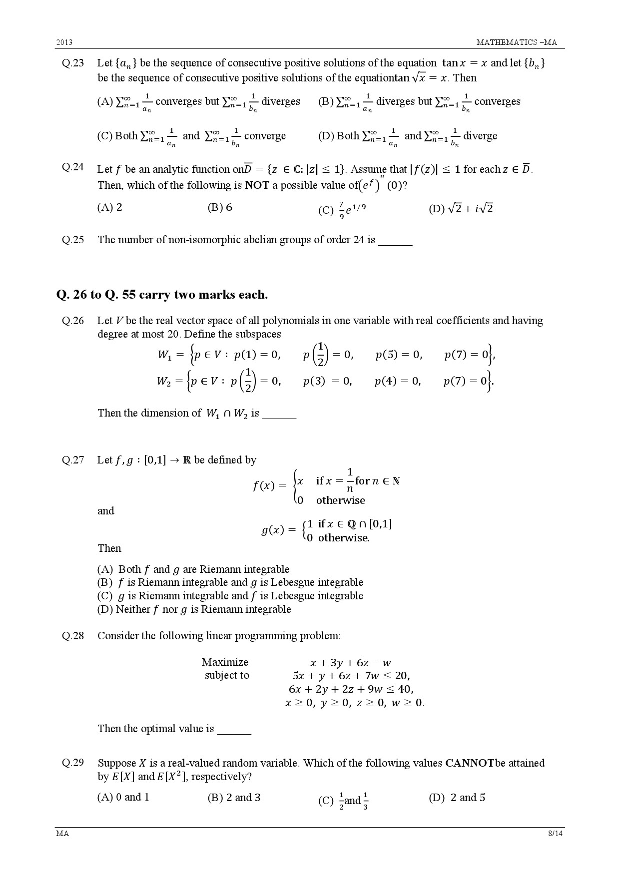 GATE Exam Question Paper 2013 Mathematics 8