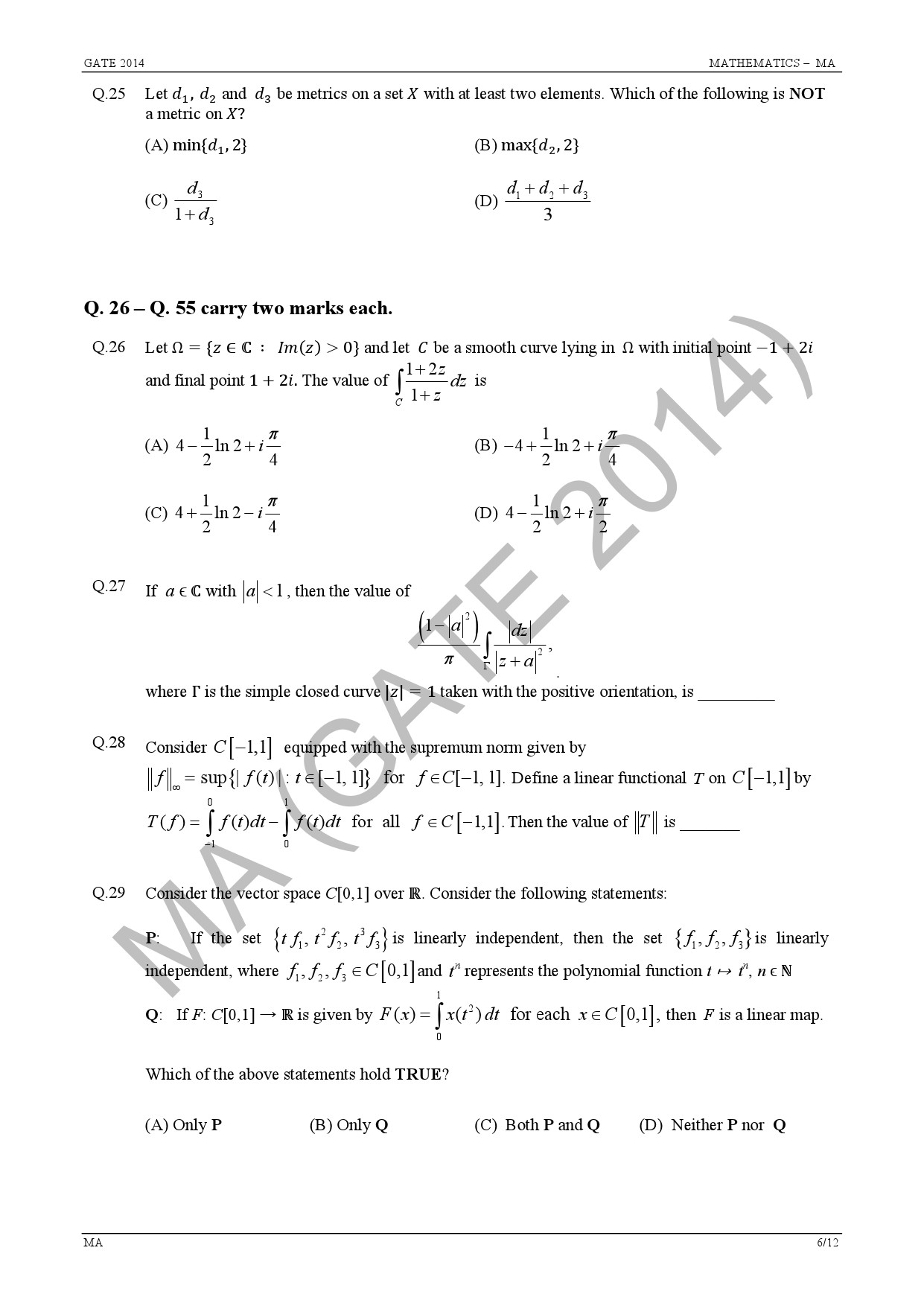 GATE Exam Question Paper 2014 Mathematics 12