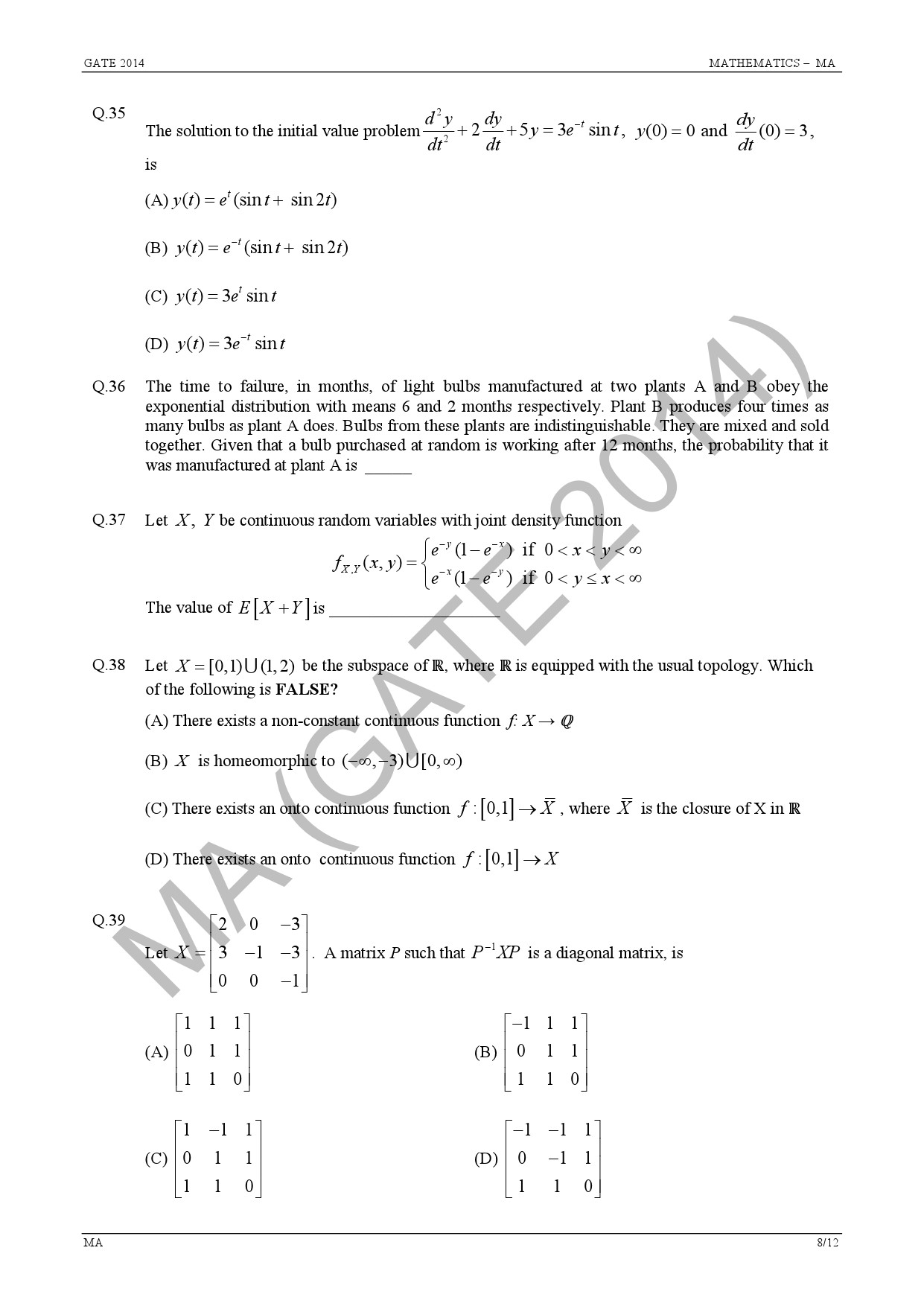 GATE Exam Question Paper 2014 Mathematics 14