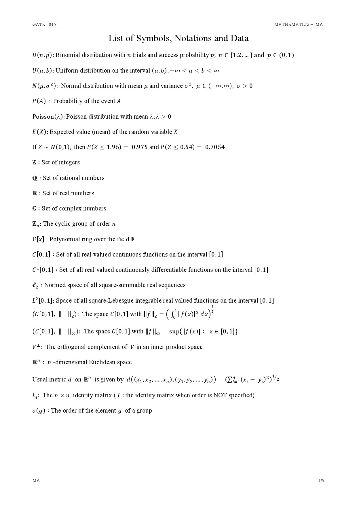 GATE Exam Question Paper 2015 Mathematics 1