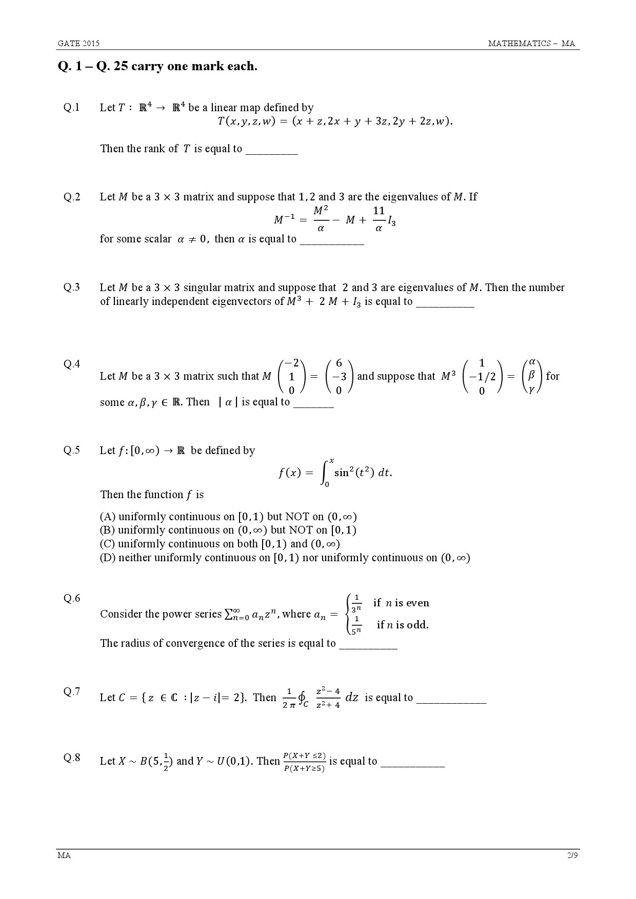 GATE Exam Question Paper 2015 Mathematics 2