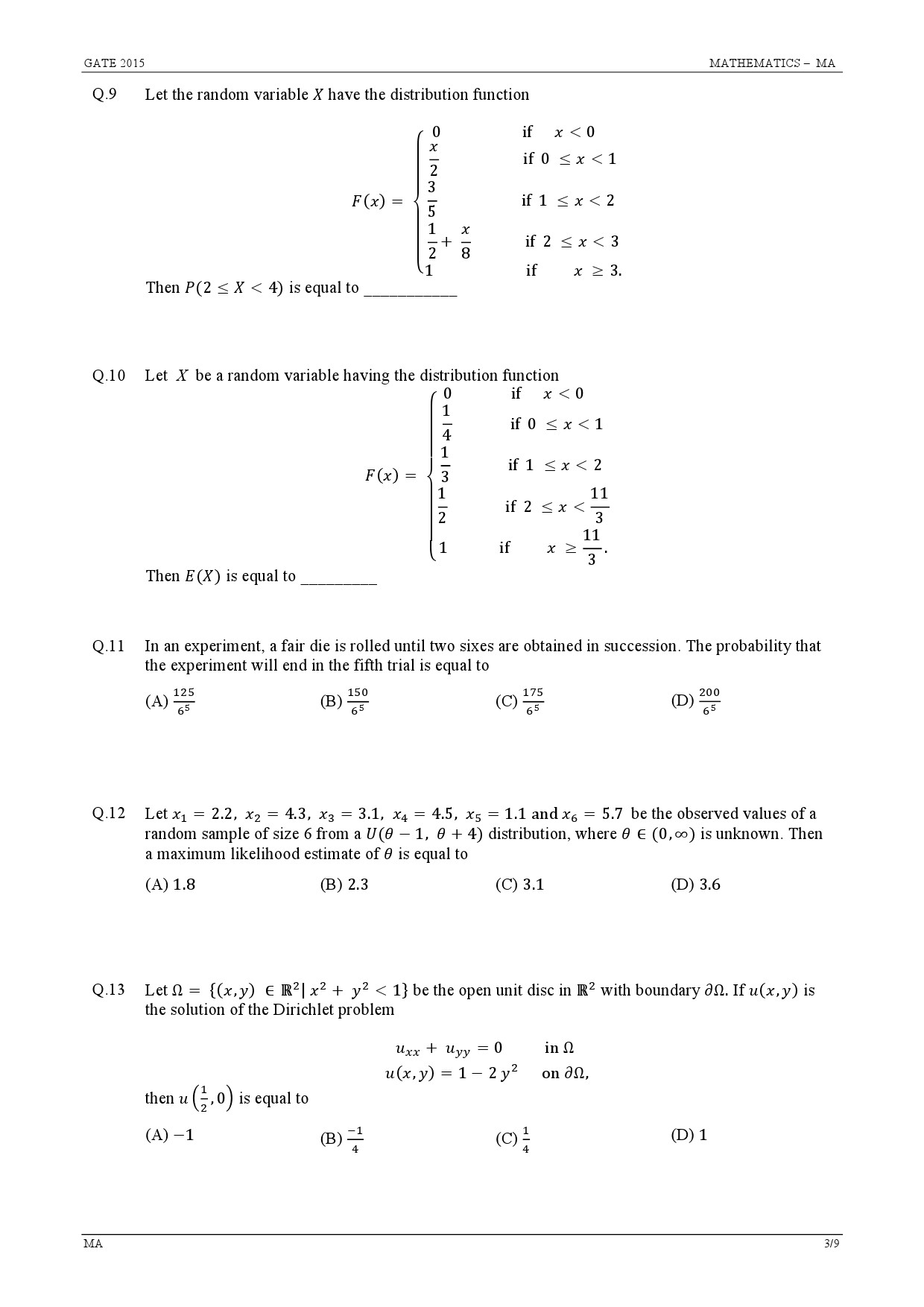GATE Exam Question Paper 2015 Mathematics 3