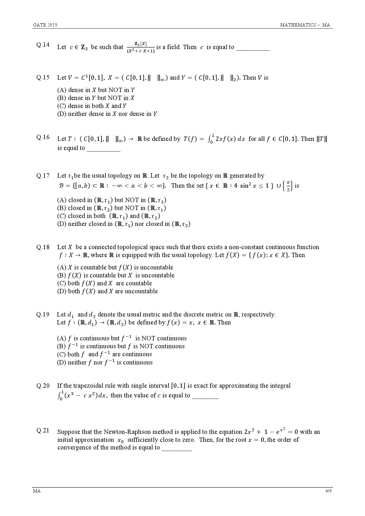 GATE Exam Question Paper 2015 Mathematics 4