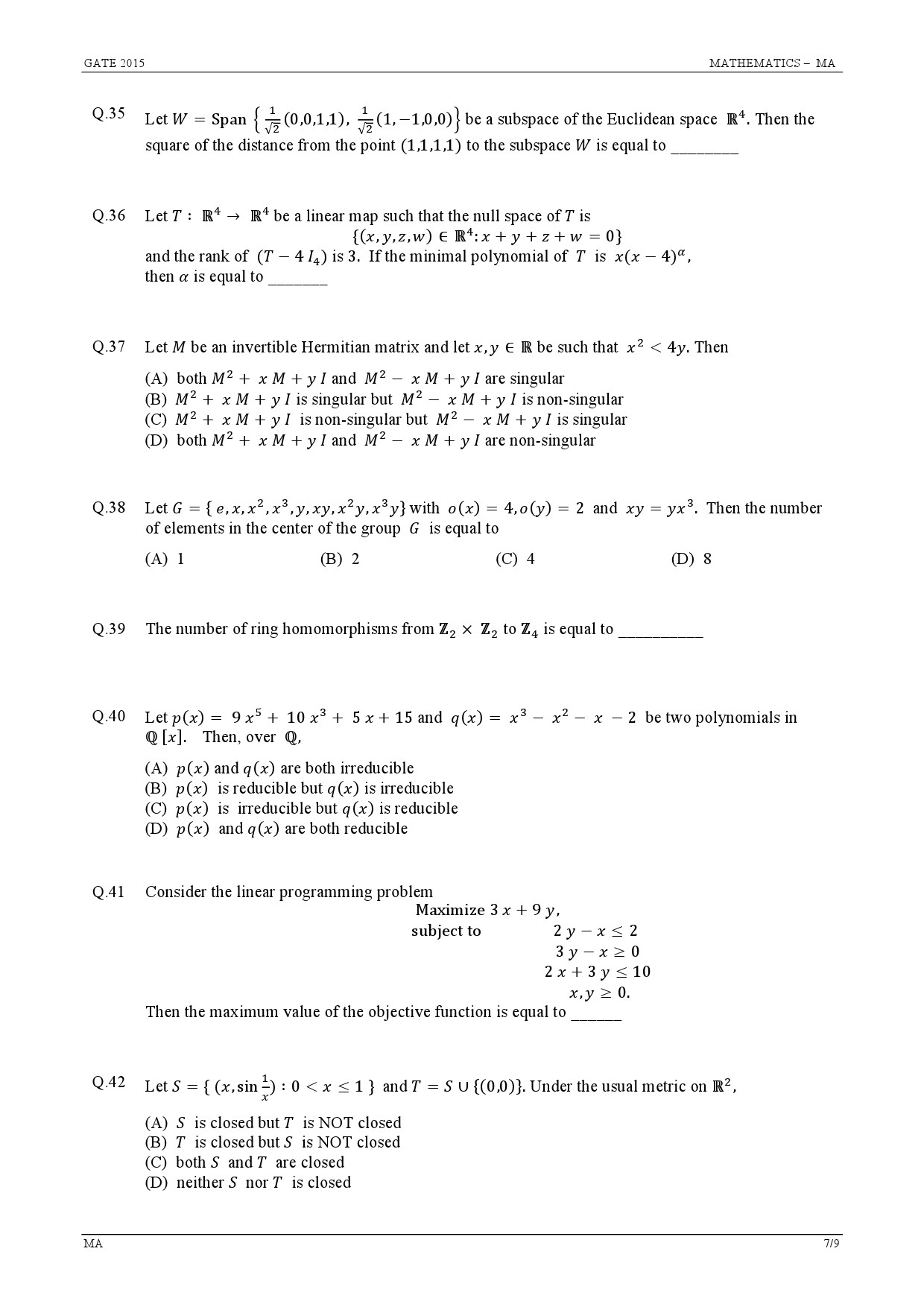 GATE Exam Question Paper 2015 Mathematics 7