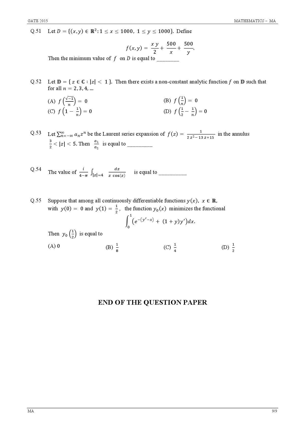 GATE Exam Question Paper 2015 Mathematics 9