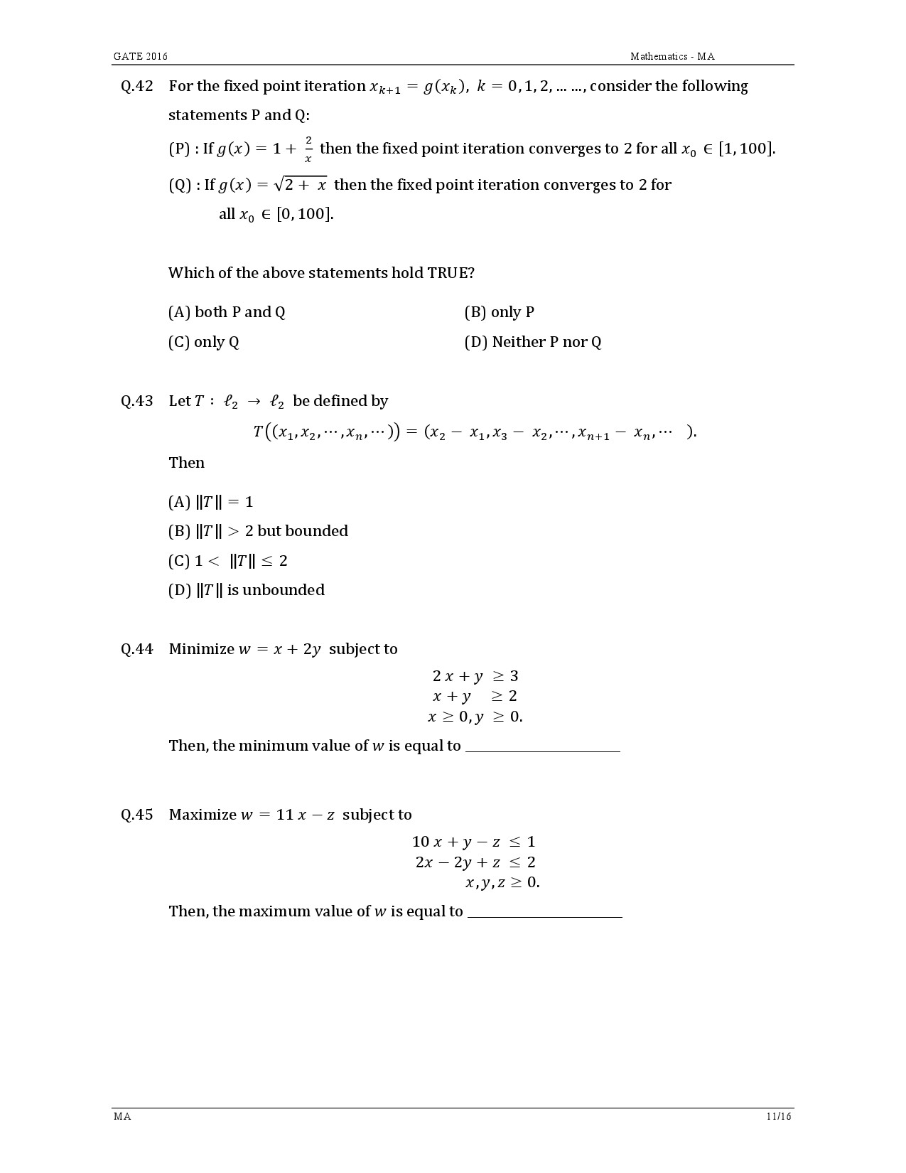 GATE Exam Question Paper 2016 Mathematics 14