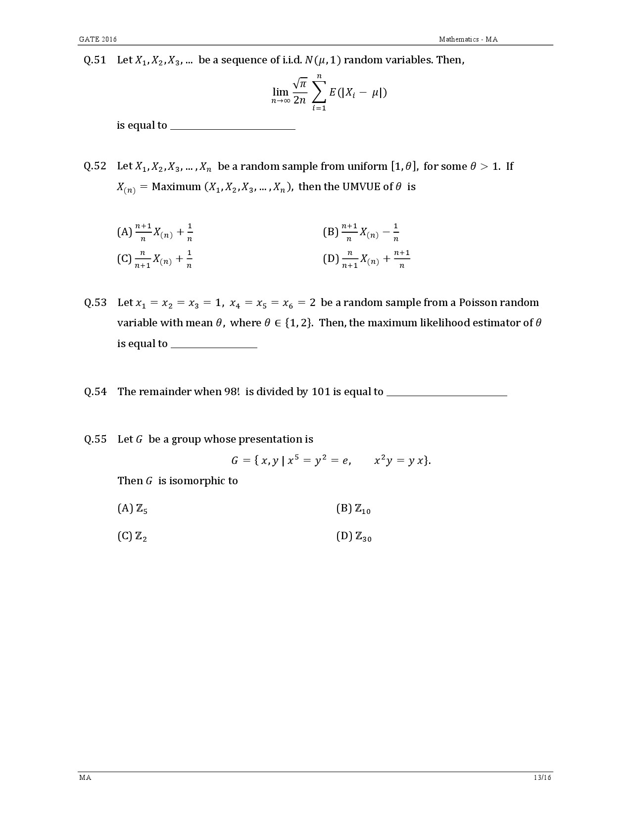 GATE Exam Question Paper 2016 Mathematics 16