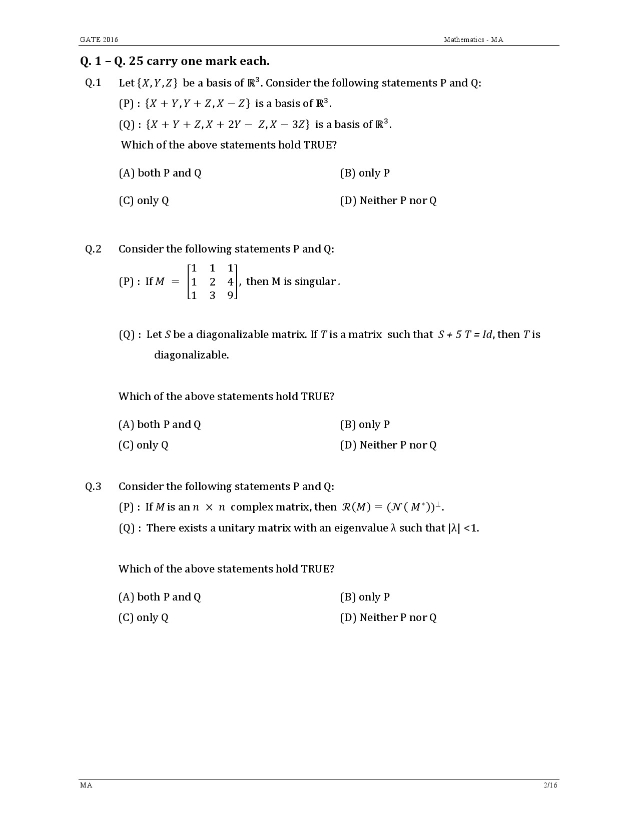 GATE Exam Question Paper 2016 Mathematics 5