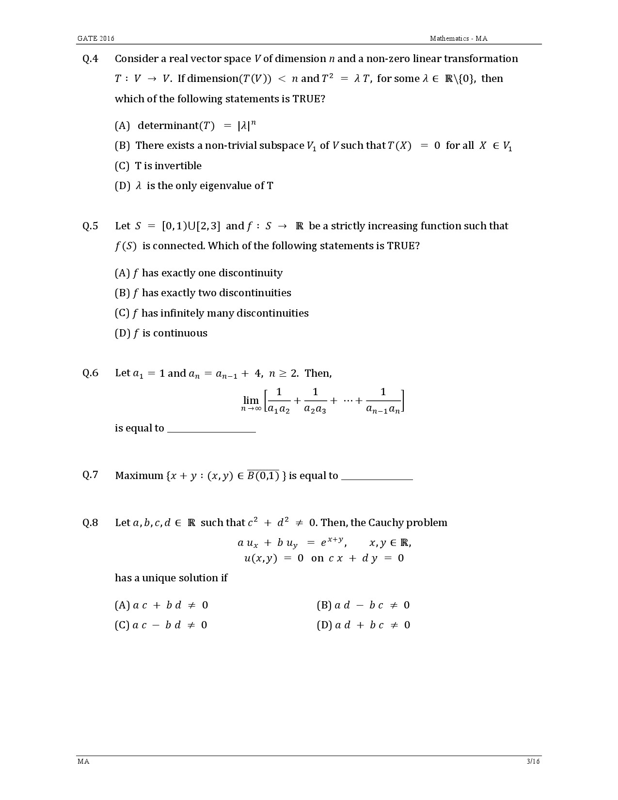 GATE Exam Question Paper 2016 Mathematics 6
