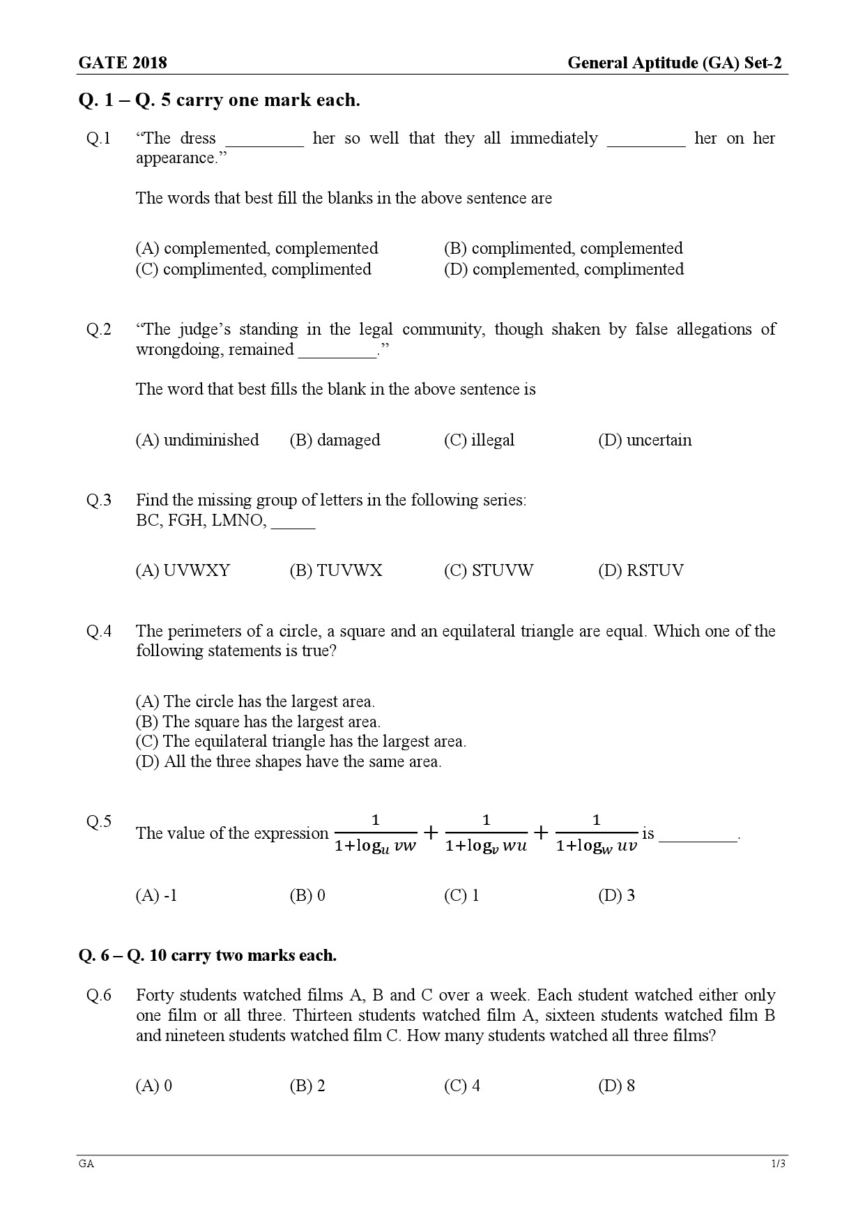 GATE Exam Question Paper 2018 Mathematics 1