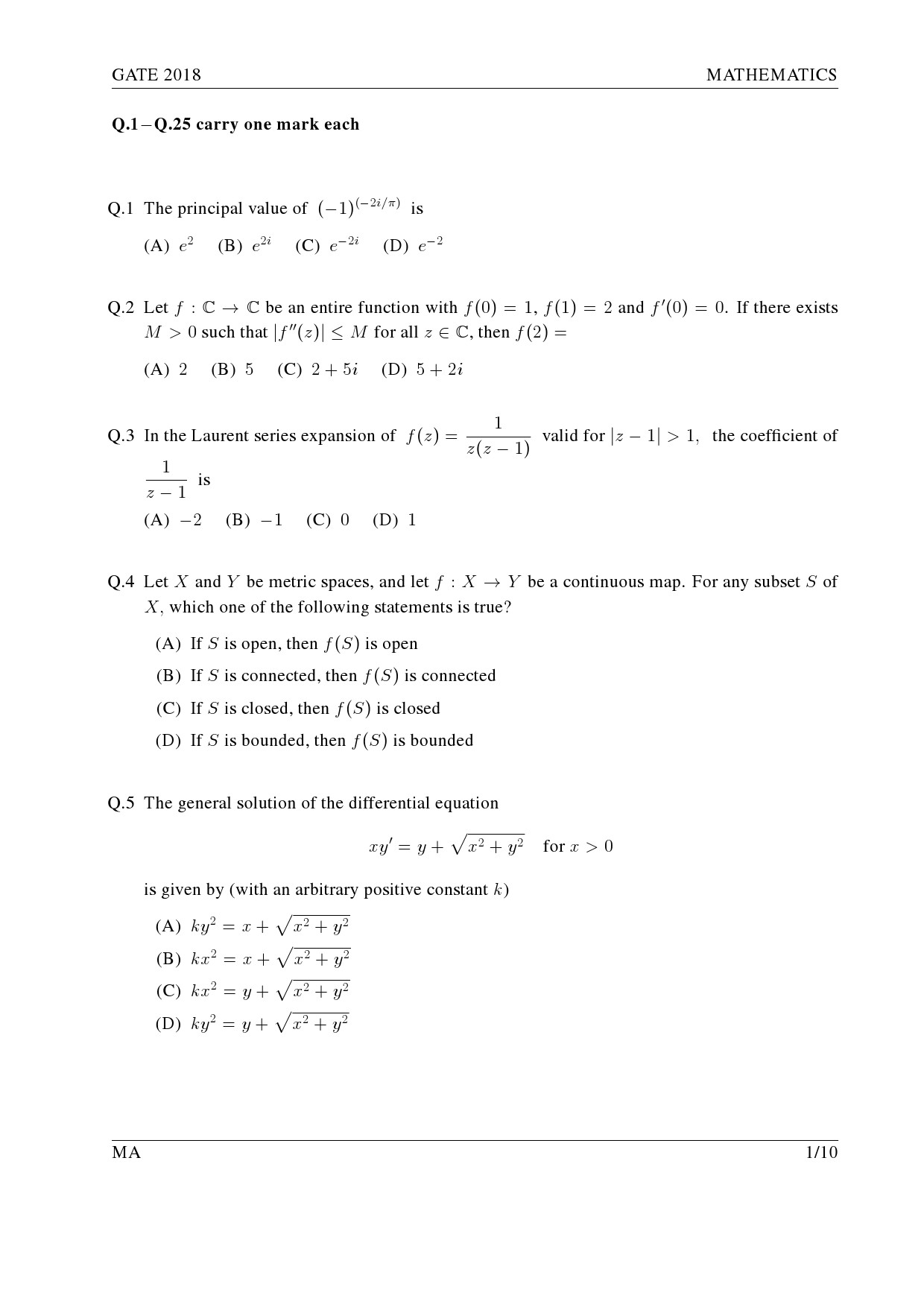GATE Exam Question Paper 2018 Mathematics 4
