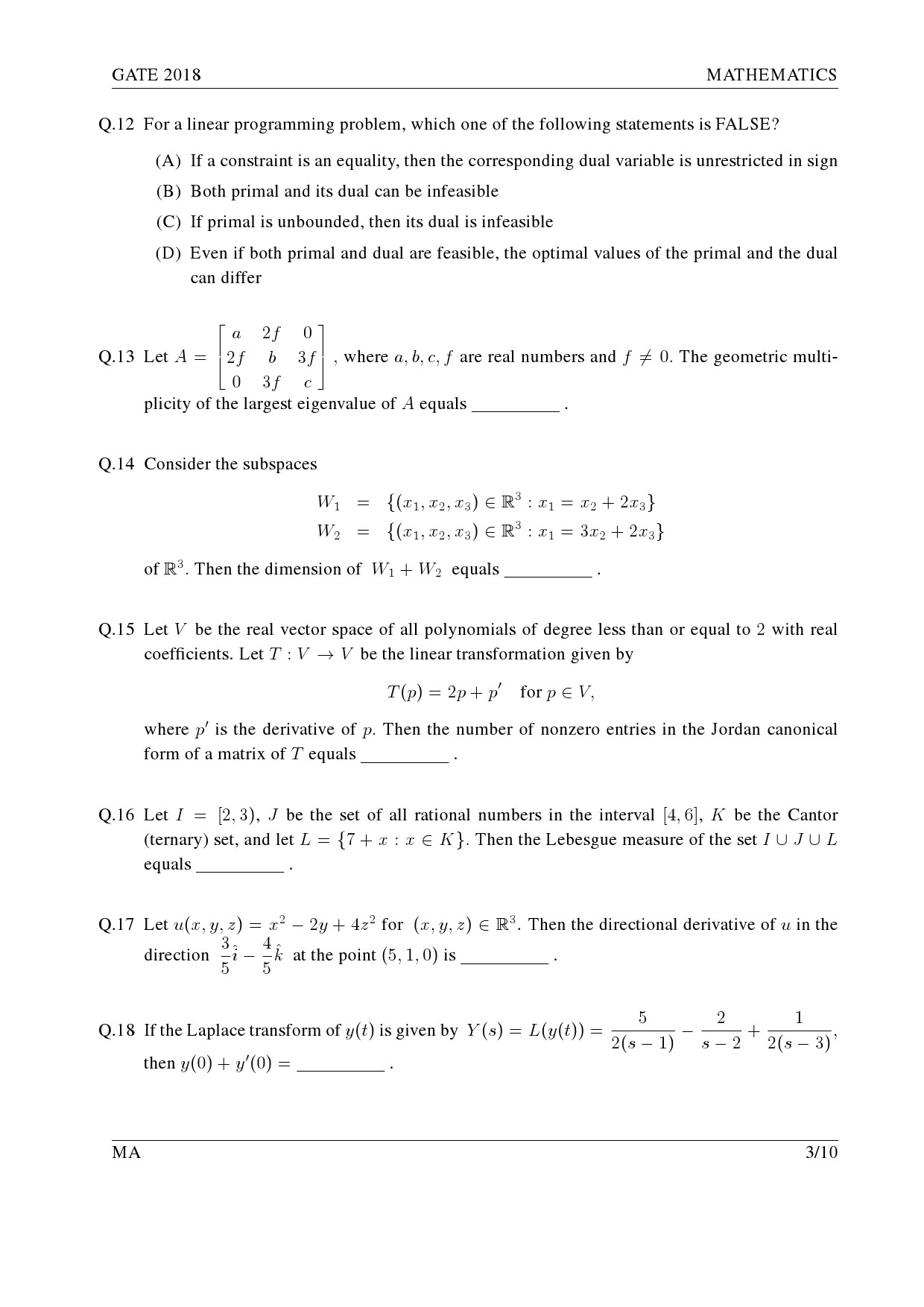 GATE Exam Question Paper 2018 Mathematics 6
