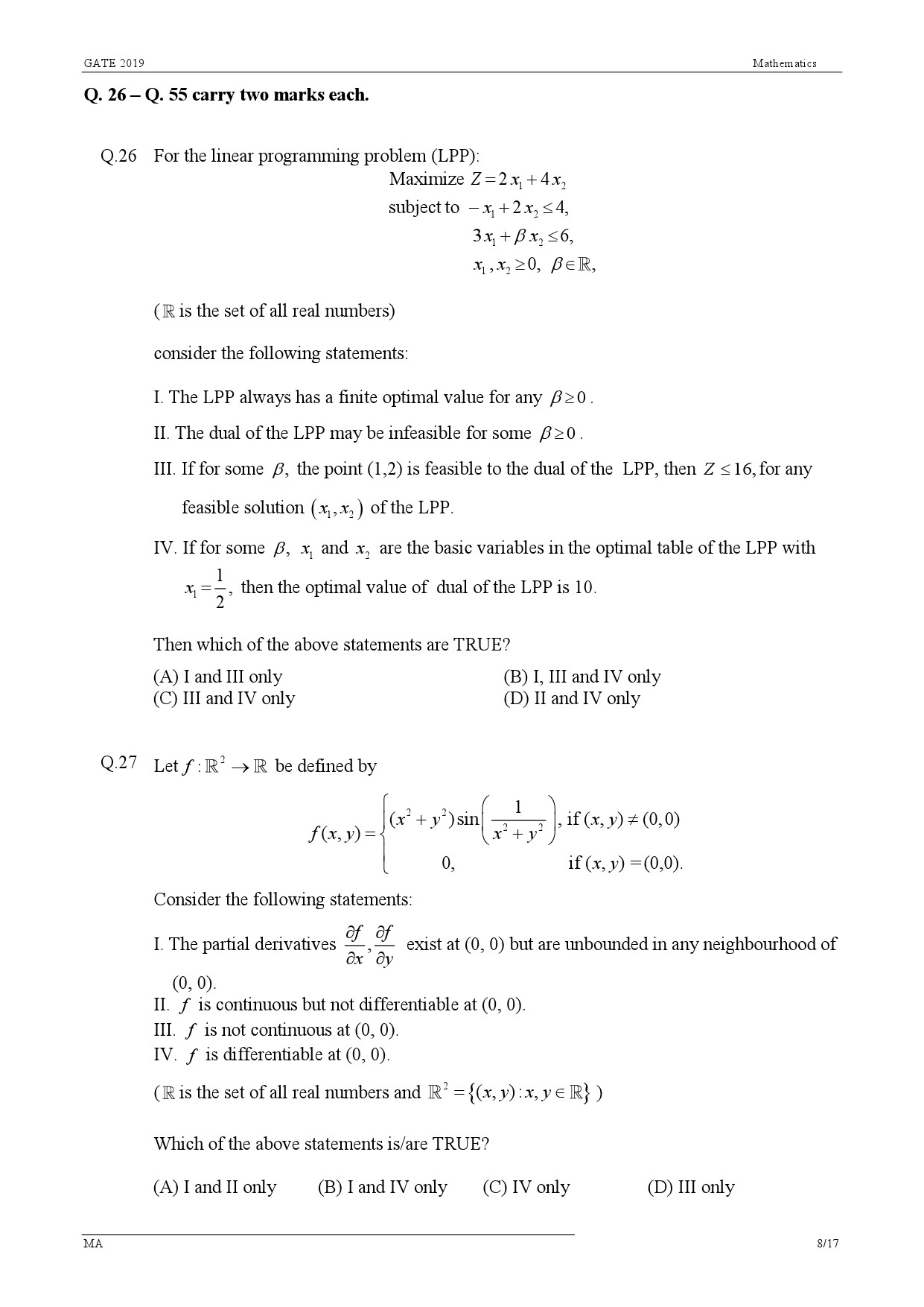 GATE Exam Question Paper 2019 Mathematics 11