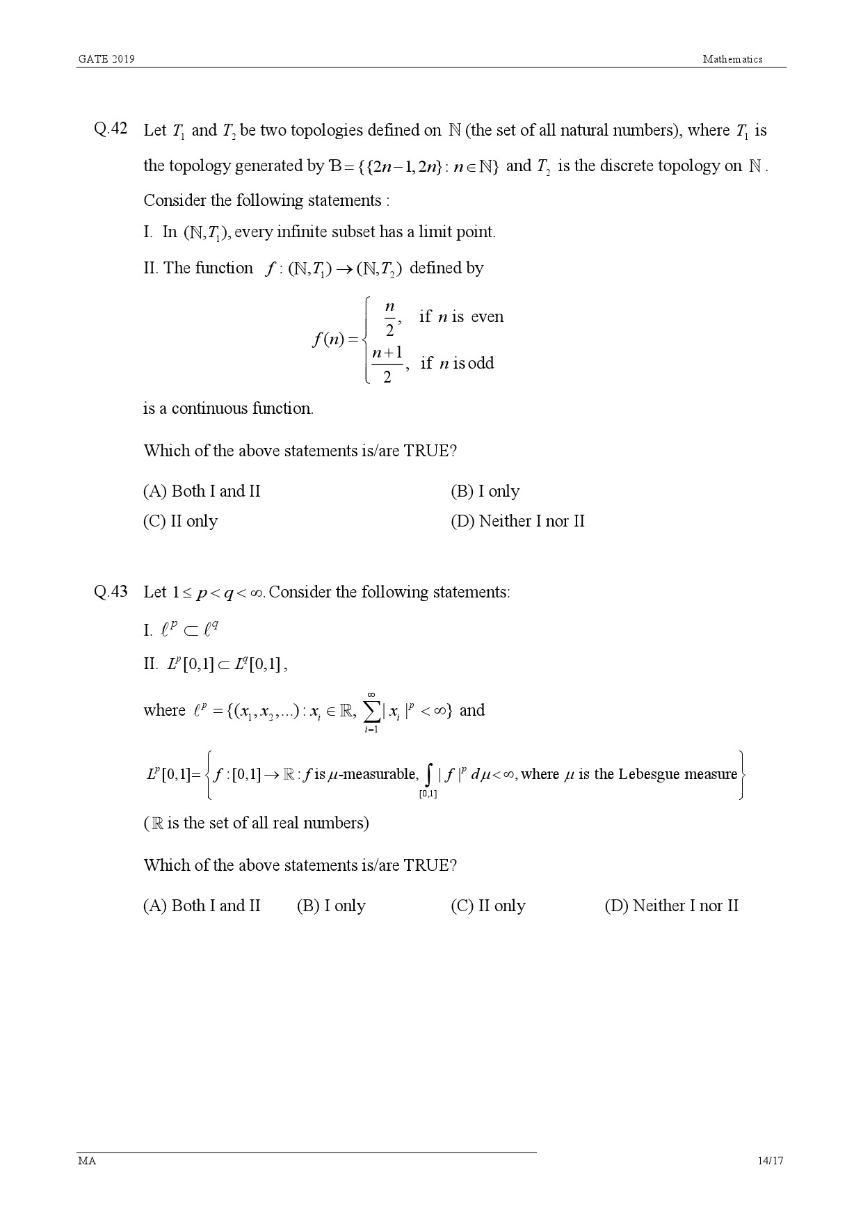 GATE Exam Question Paper 2019 Mathematics 17