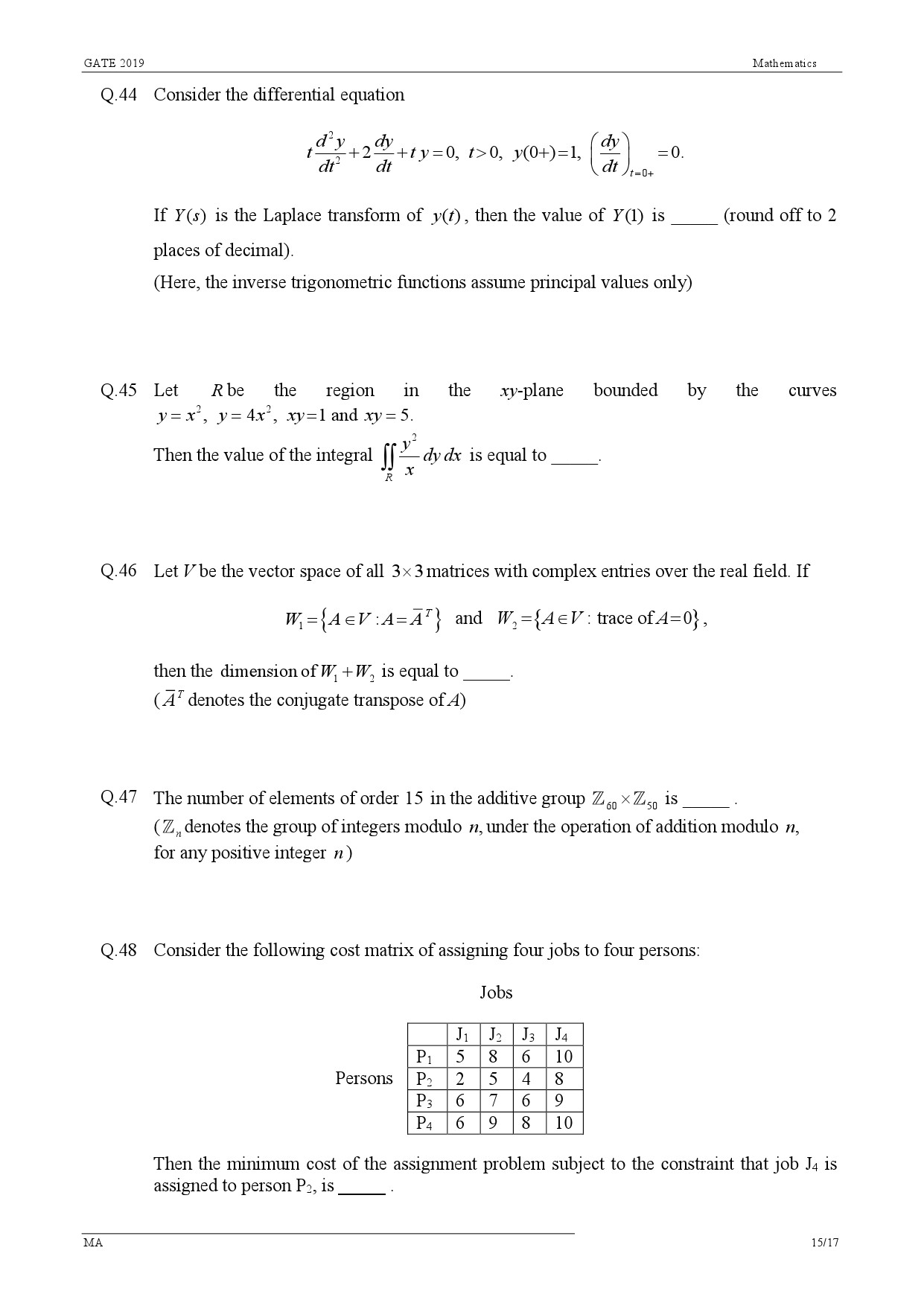 GATE Exam Question Paper 2019 Mathematics 18