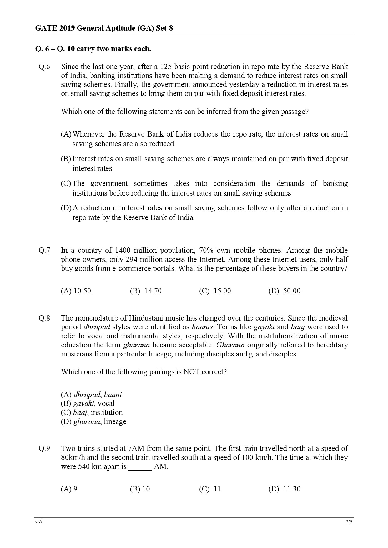 GATE Exam Question Paper 2019 Mathematics 2