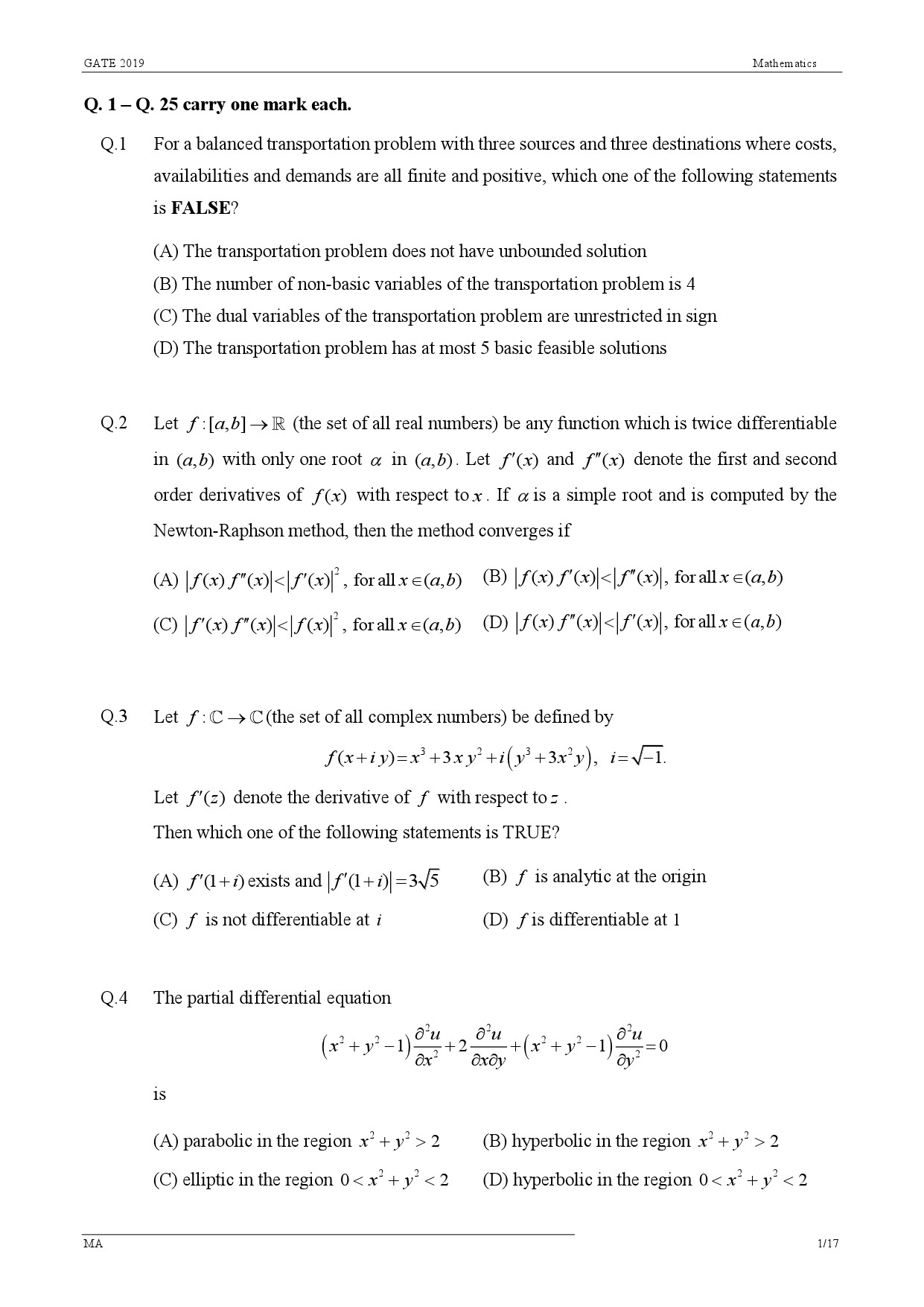 GATE Exam Question Paper 2019 Mathematics 4