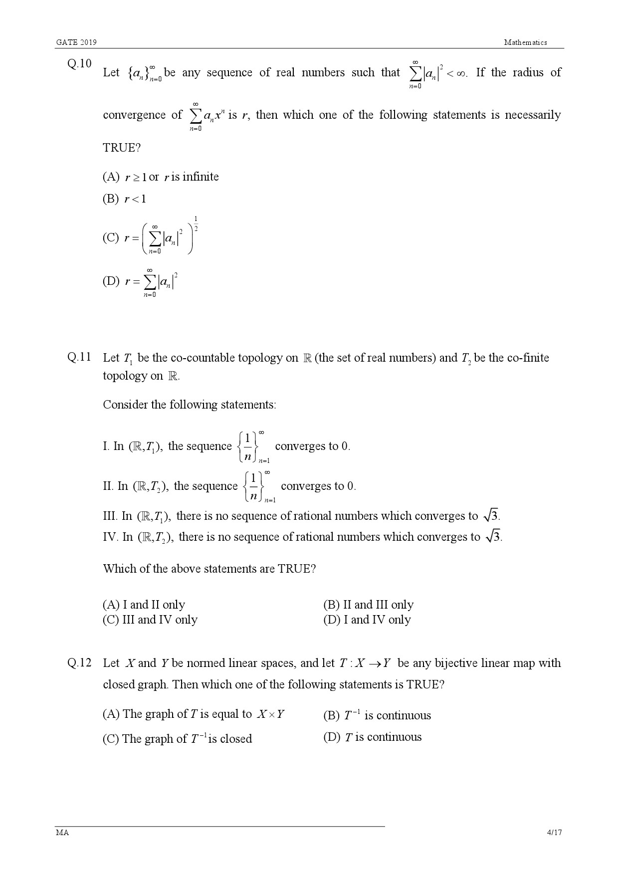 GATE Exam Question Paper 2019 Mathematics 7