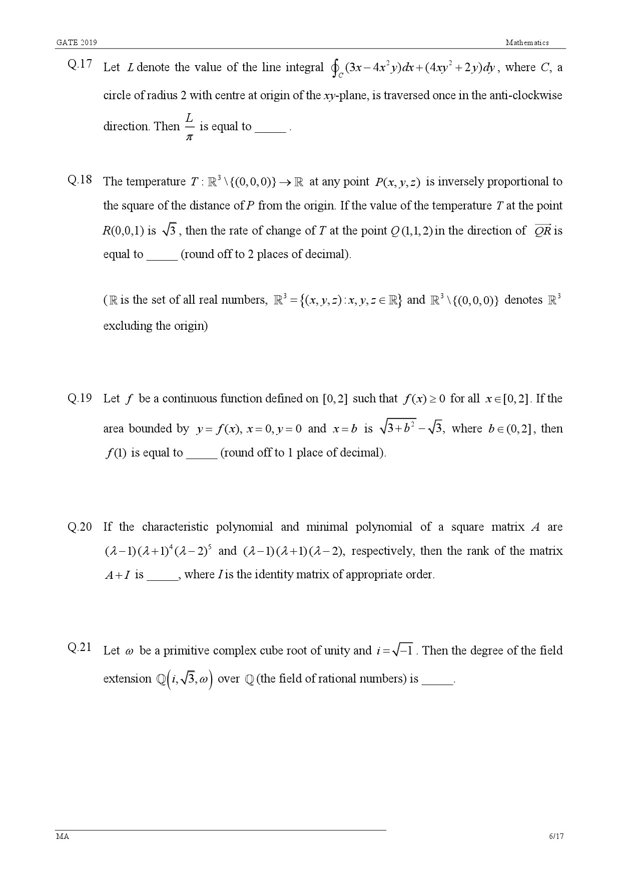 GATE Exam Question Paper 2019 Mathematics 9