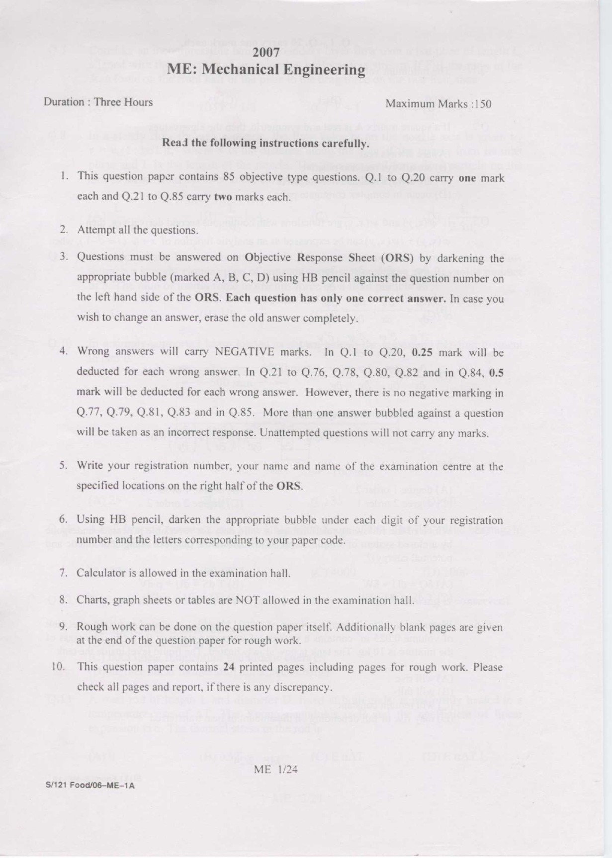 GATE Exam Question Paper 2007 Mechanical Engineering 1