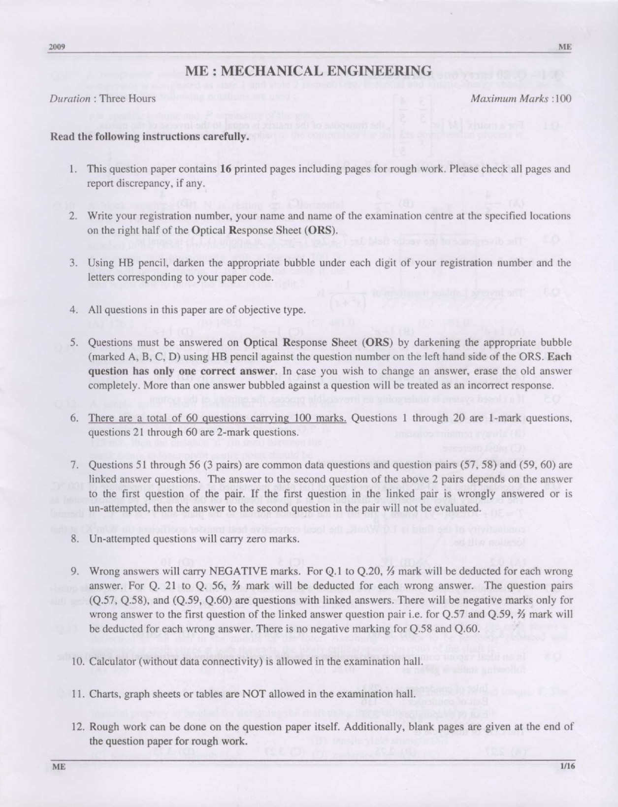 GATE Exam Question Paper 2009 Mechanical Engineering 1