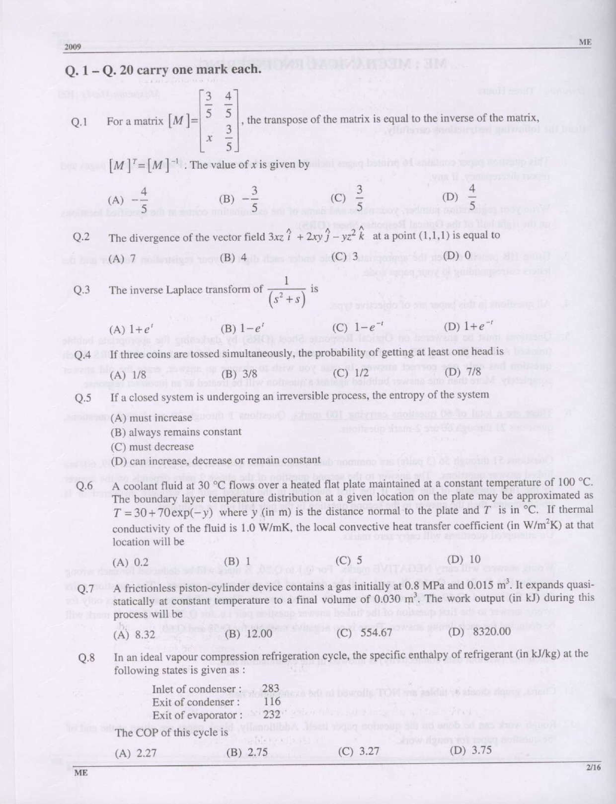 GATE Exam Question Paper 2009 Mechanical Engineering 2