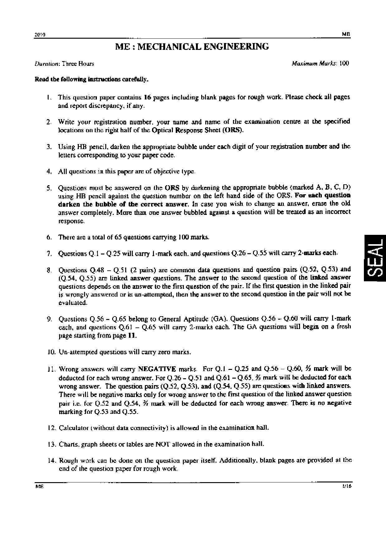 GATE Exam Question Paper 2010 Mechanical Engineering 1