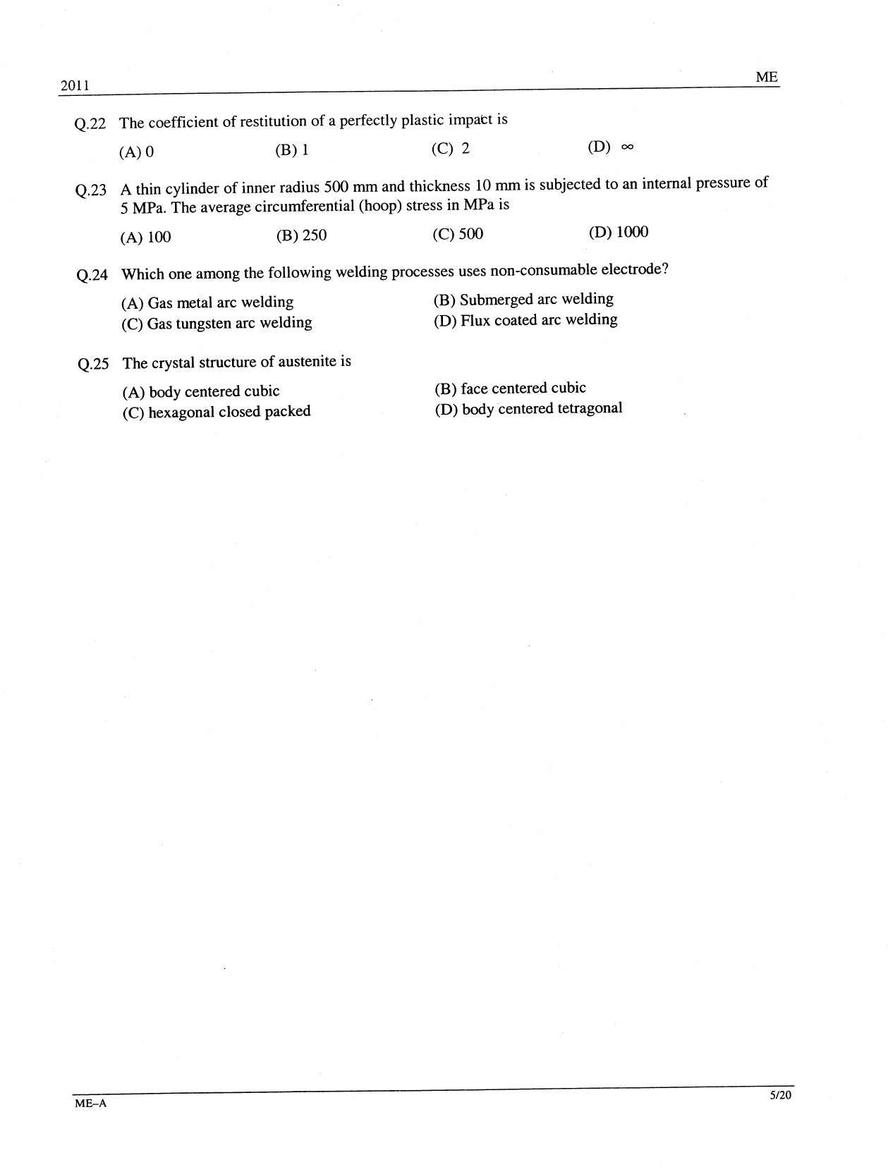 GATE Exam Question Paper 2011 Mechanical Engineering 5