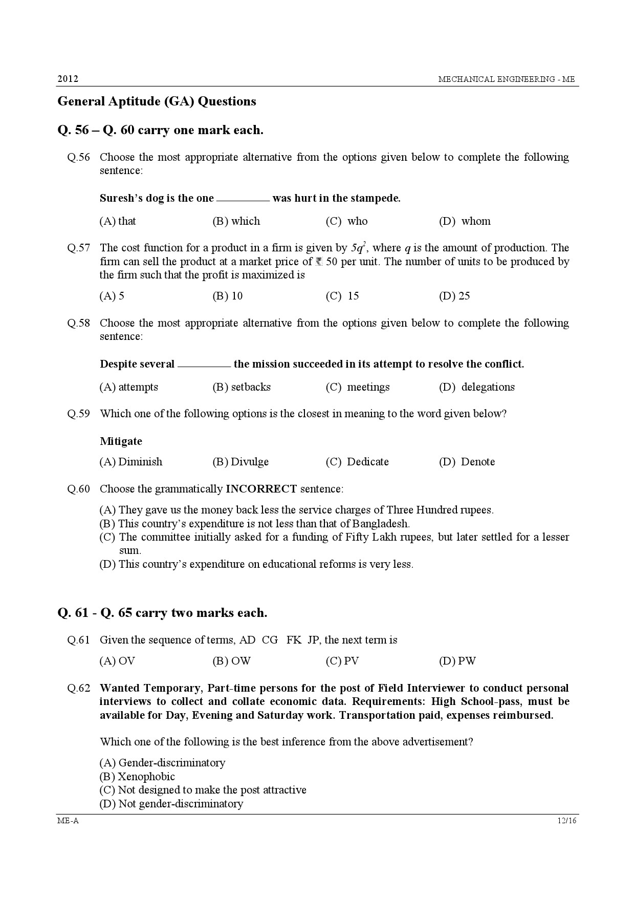 GATE Exam Question Paper 2012 Mechanical Engineering 12