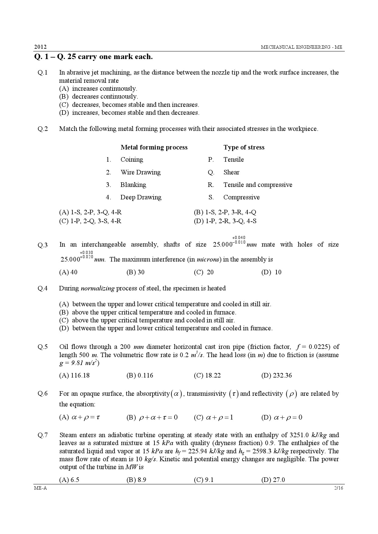 GATE Exam Question Paper 2012 Mechanical Engineering 2