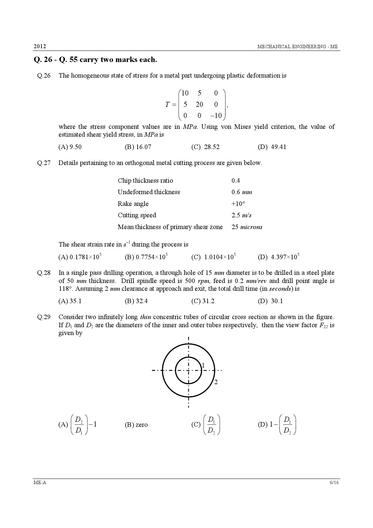 GATE Exam Question Paper 2012 Mechanical Engineering 6