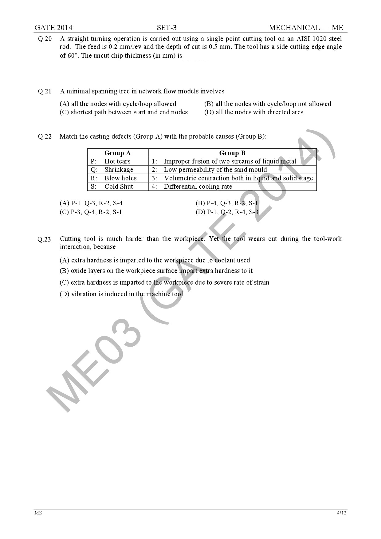 GATE Exam Question Paper 2014 Mechanical Engineering Set 3 11