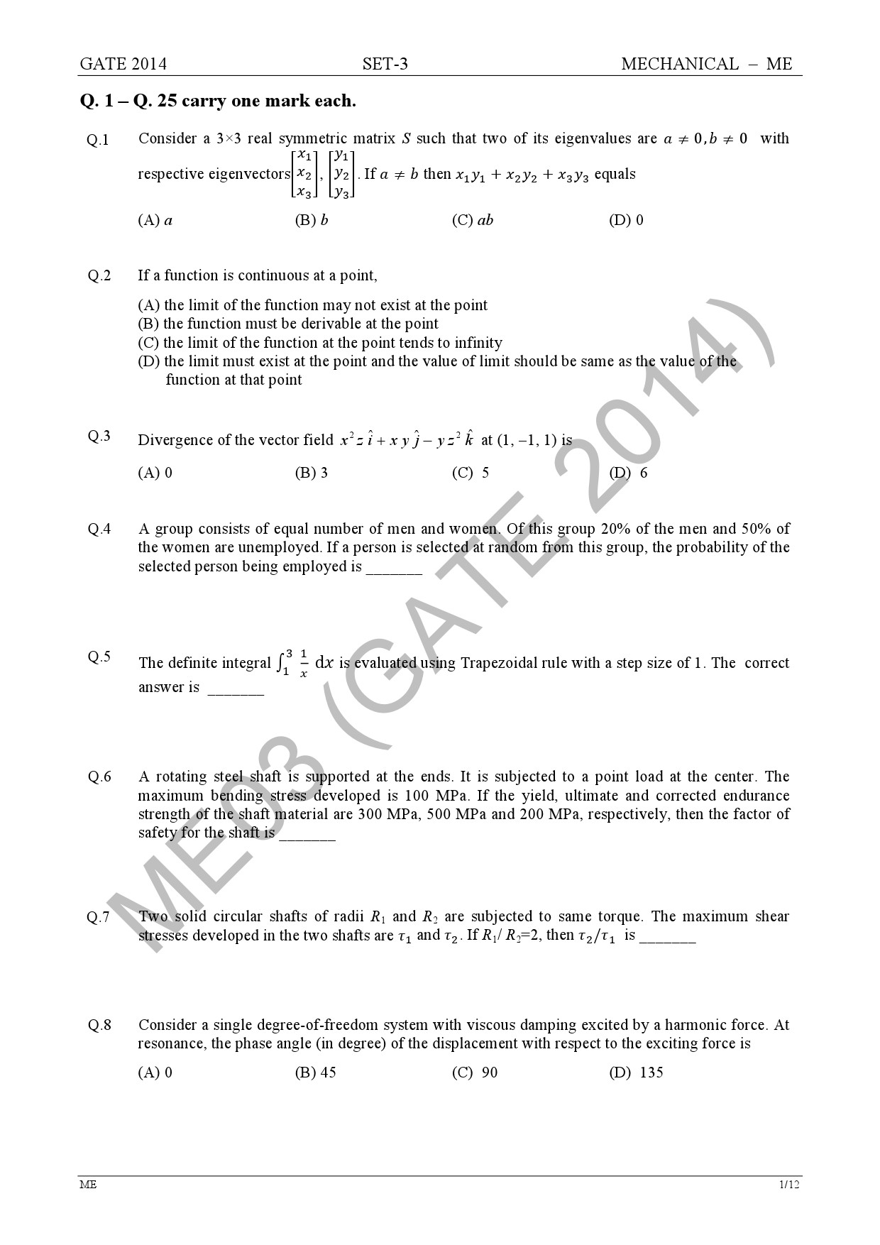 GATE Exam Question Paper 2014 Mechanical Engineering Set 3 8