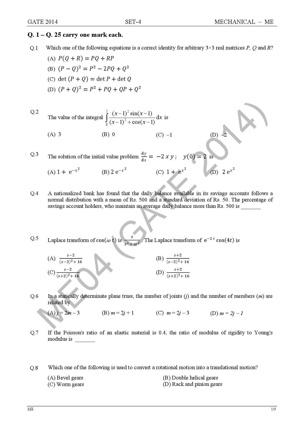 GATE Exam Question Paper 2014 Mechanical Engineering Set 4 7