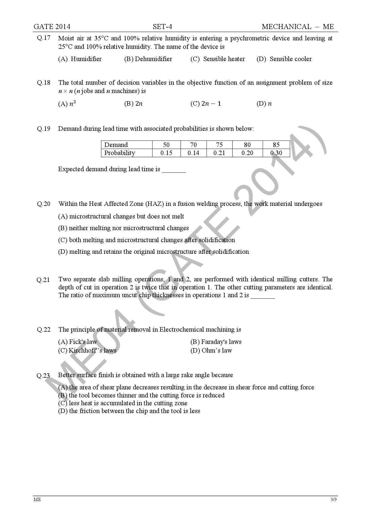 GATE Exam Question Paper 2014 Mechanical Engineering Set 4 9