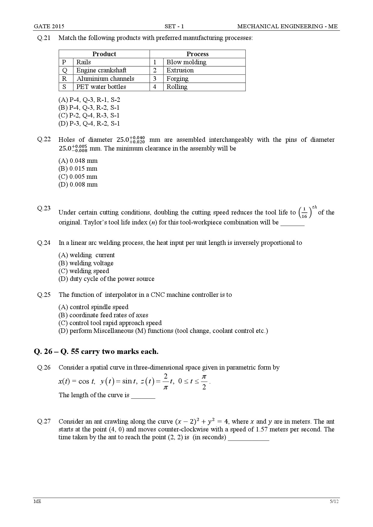 GATE Exam Question Paper 2015 Mechanical Engineering Set 1 5