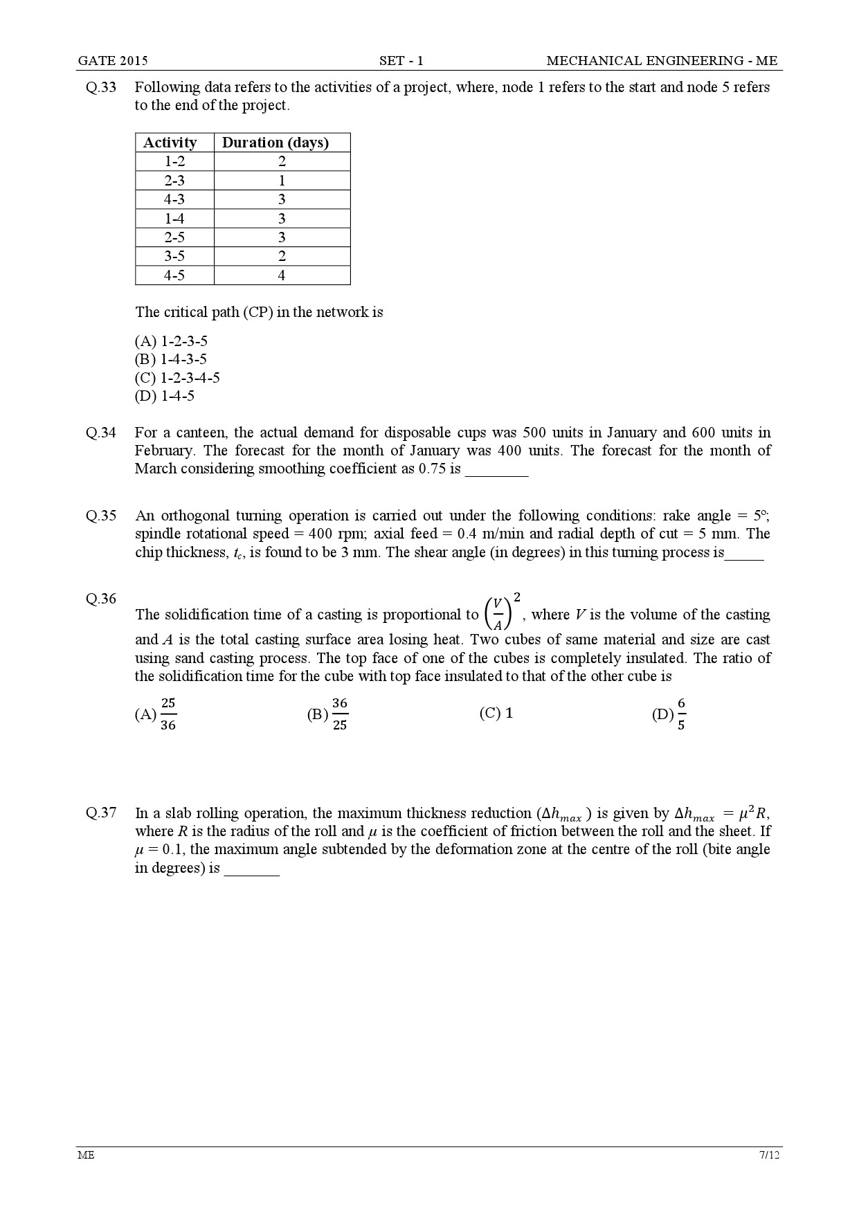 GATE Exam Question Paper 2015 Mechanical Engineering Set 1 7