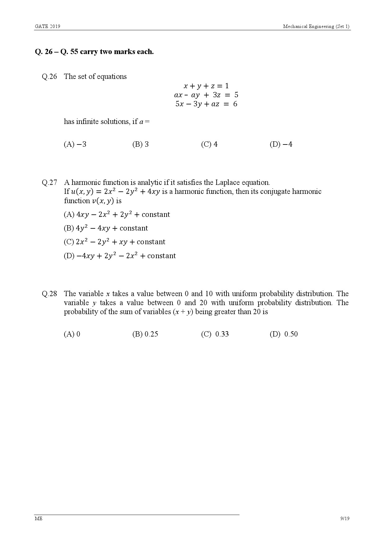 GATE Exam Question Paper 2019 Mechanical Engineering Set 1 12
