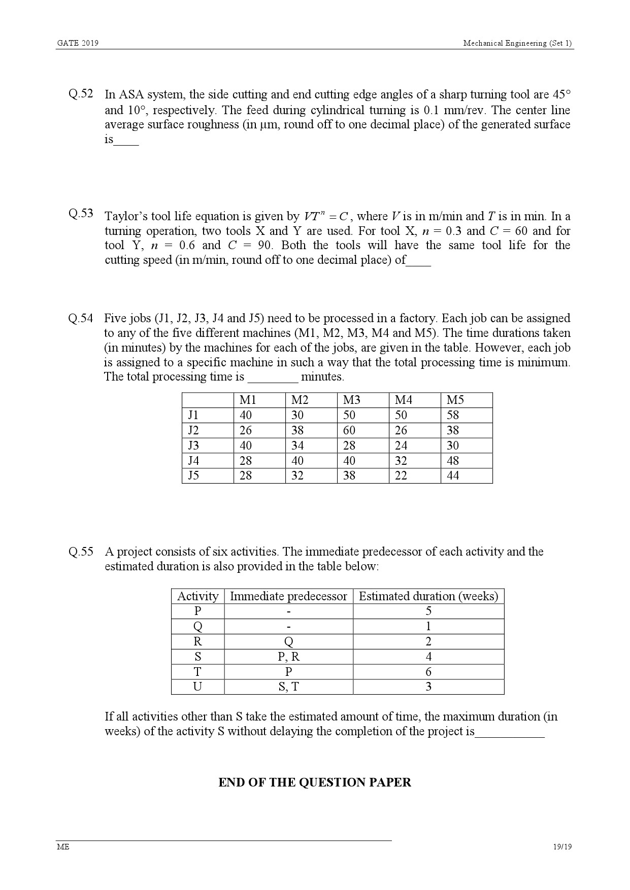 GATE Exam Question Paper 2019 Mechanical Engineering Set 1 22