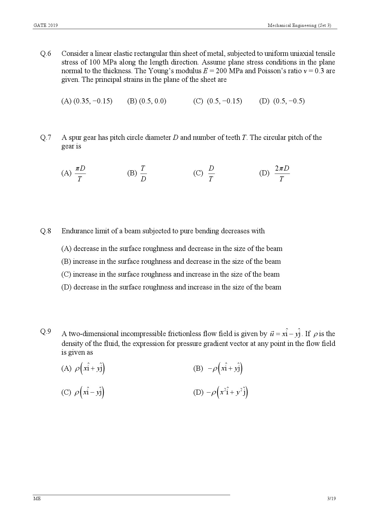 GATE Exam Question Paper 2019 Mechanical Engineering Set 3 6