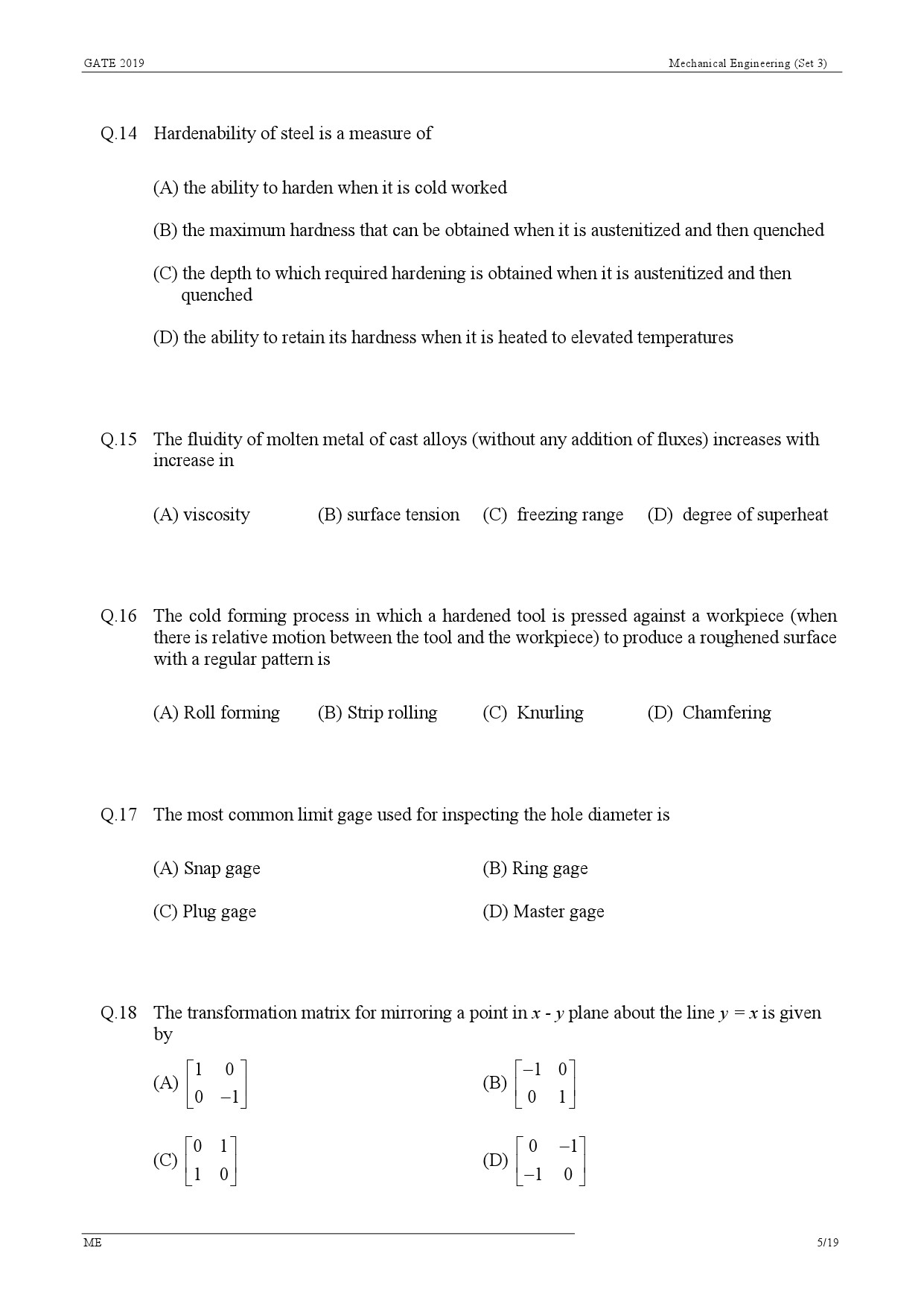 GATE Exam Question Paper 2019 Mechanical Engineering Set 3 8