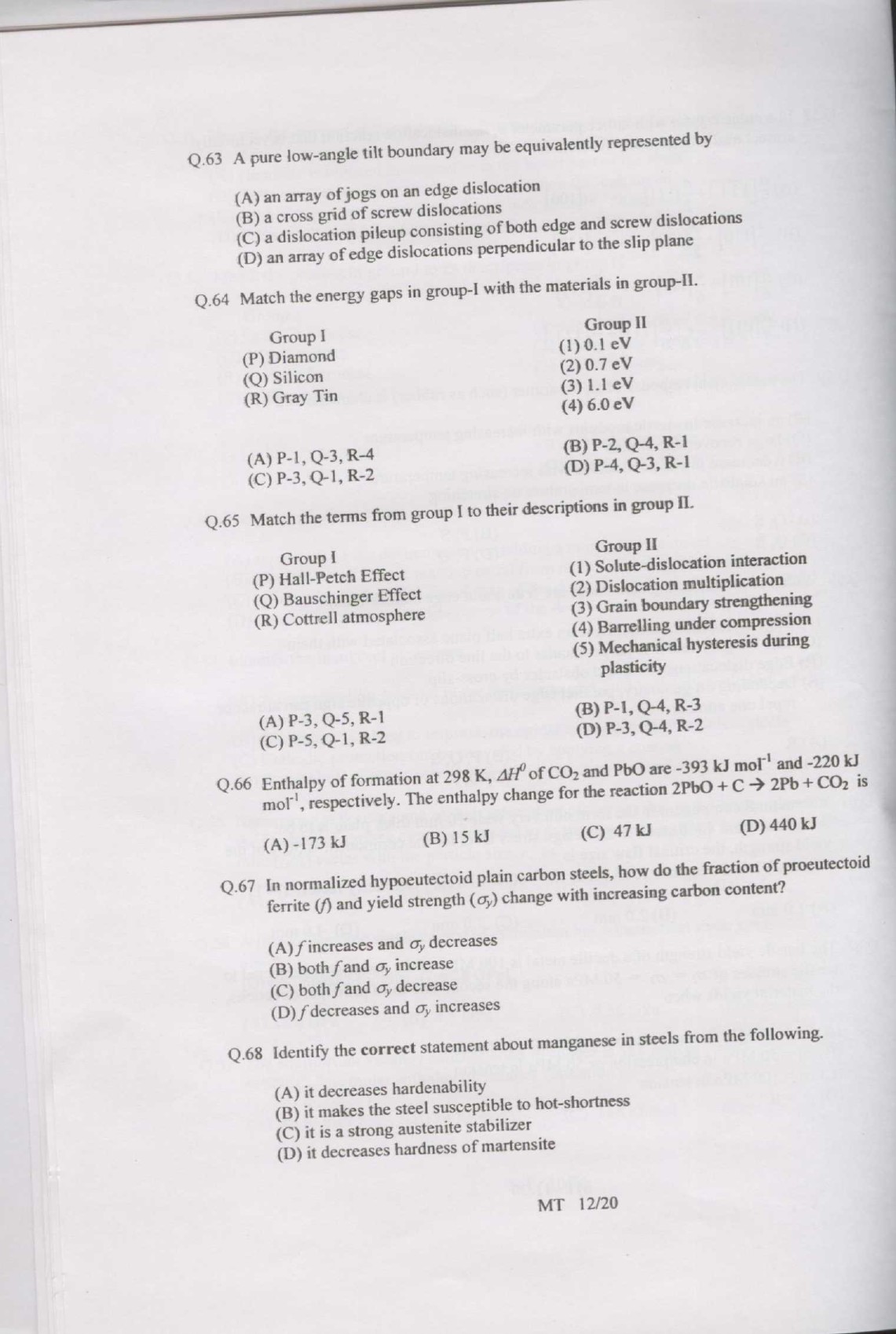 GATE Exam Question Paper 2007 Metallurgical Engineering 12