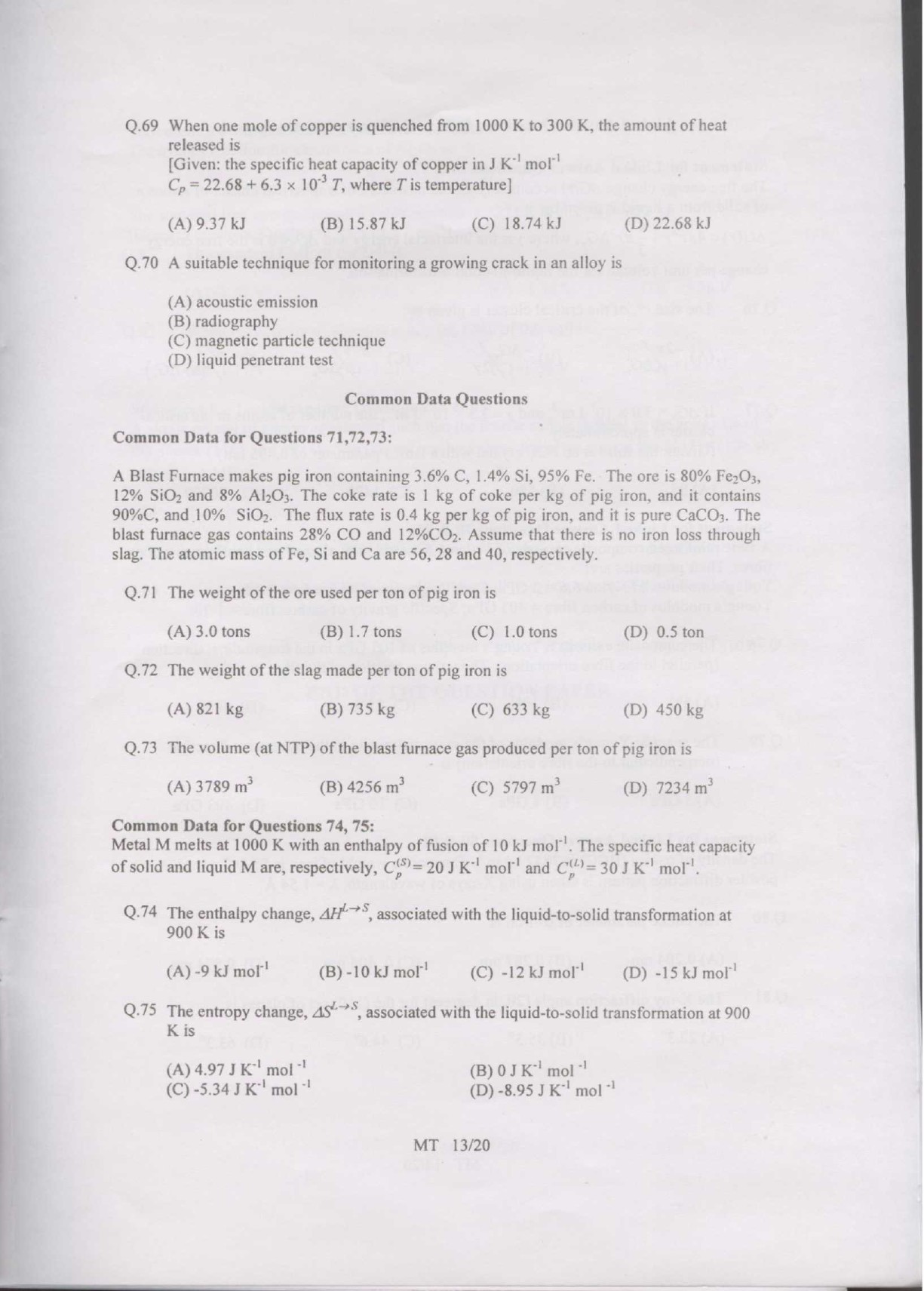 GATE Exam Question Paper 2007 Metallurgical Engineering 13