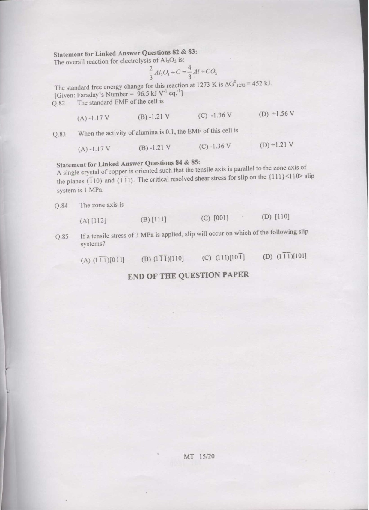 GATE Exam Question Paper 2007 Metallurgical Engineering 15