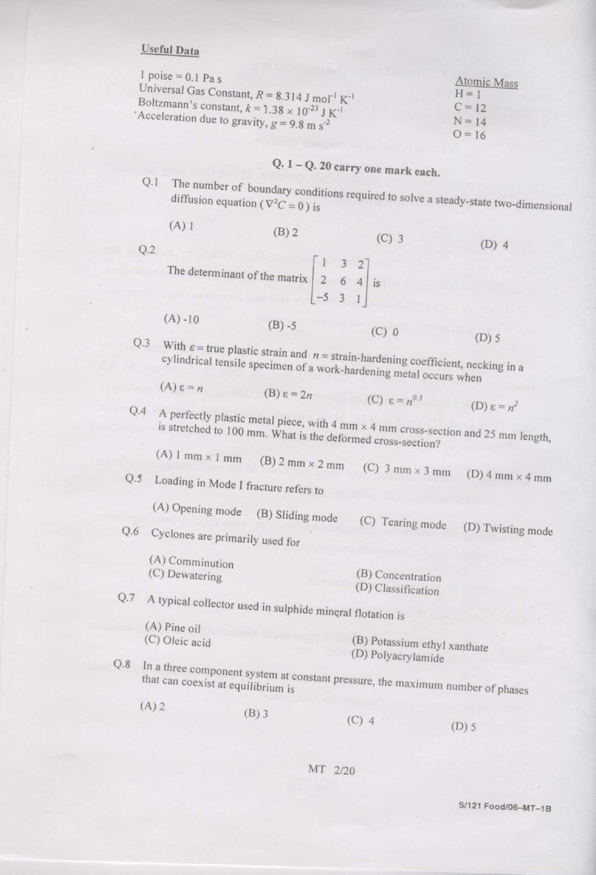 GATE Exam Question Paper 2007 Metallurgical Engineering 2
