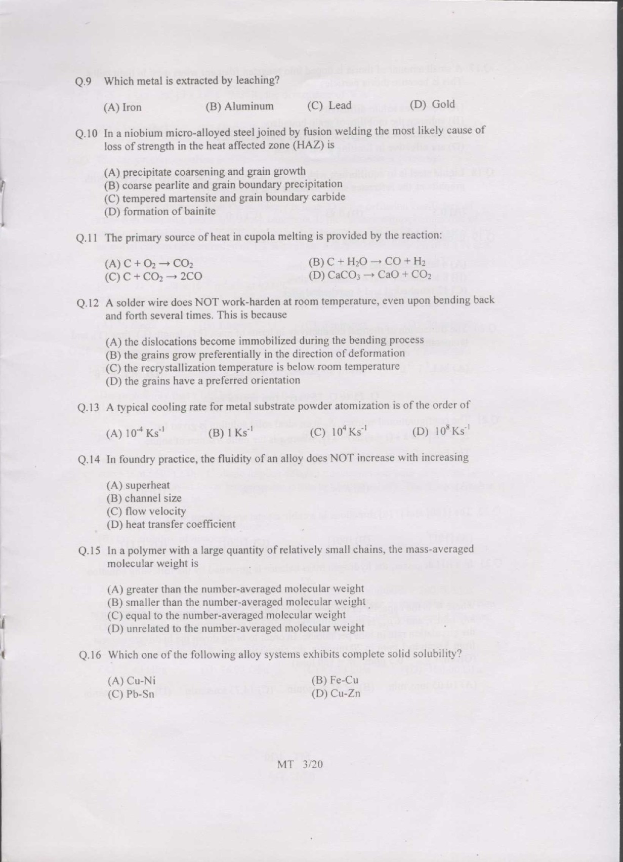 GATE Exam Question Paper 2007 Metallurgical Engineering 3
